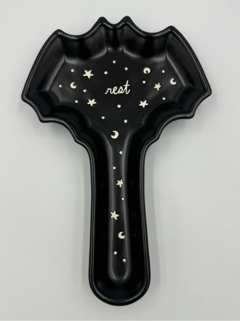 Rae Dunn Black Bat Spoon Rest Moon Stars Halloween Goth Ceramic Artisan